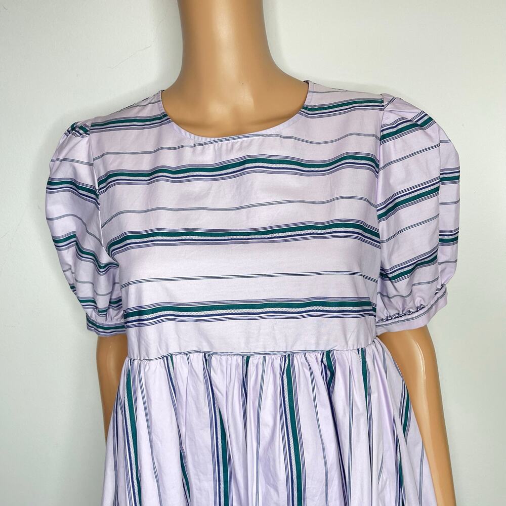 English Factory Puff Sleeve Striped Mini Dress size M Lilac Relaxed Babydoll New - Picture 7 of 10